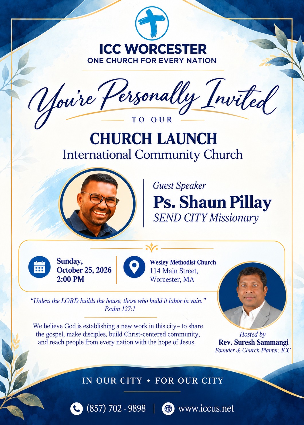 ICC Worcester church launch flyer – Sunday, October 25 at 2 PM, Wesley Methodist Church, Worcester
